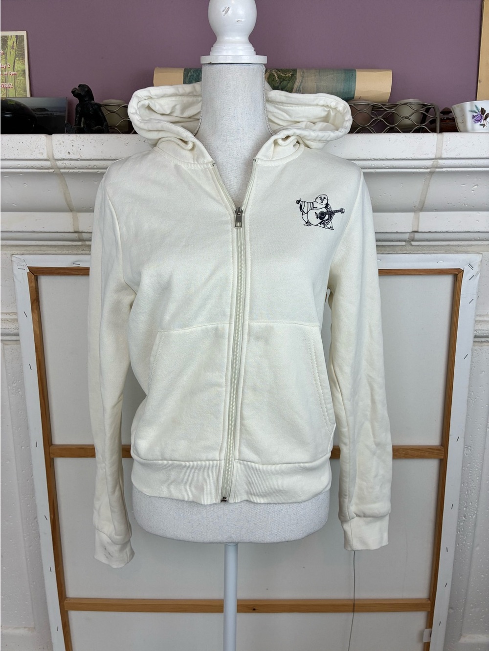 True Religion Cream Zip-Up Hoodie with Chest Graphic& Back bling detail graphic